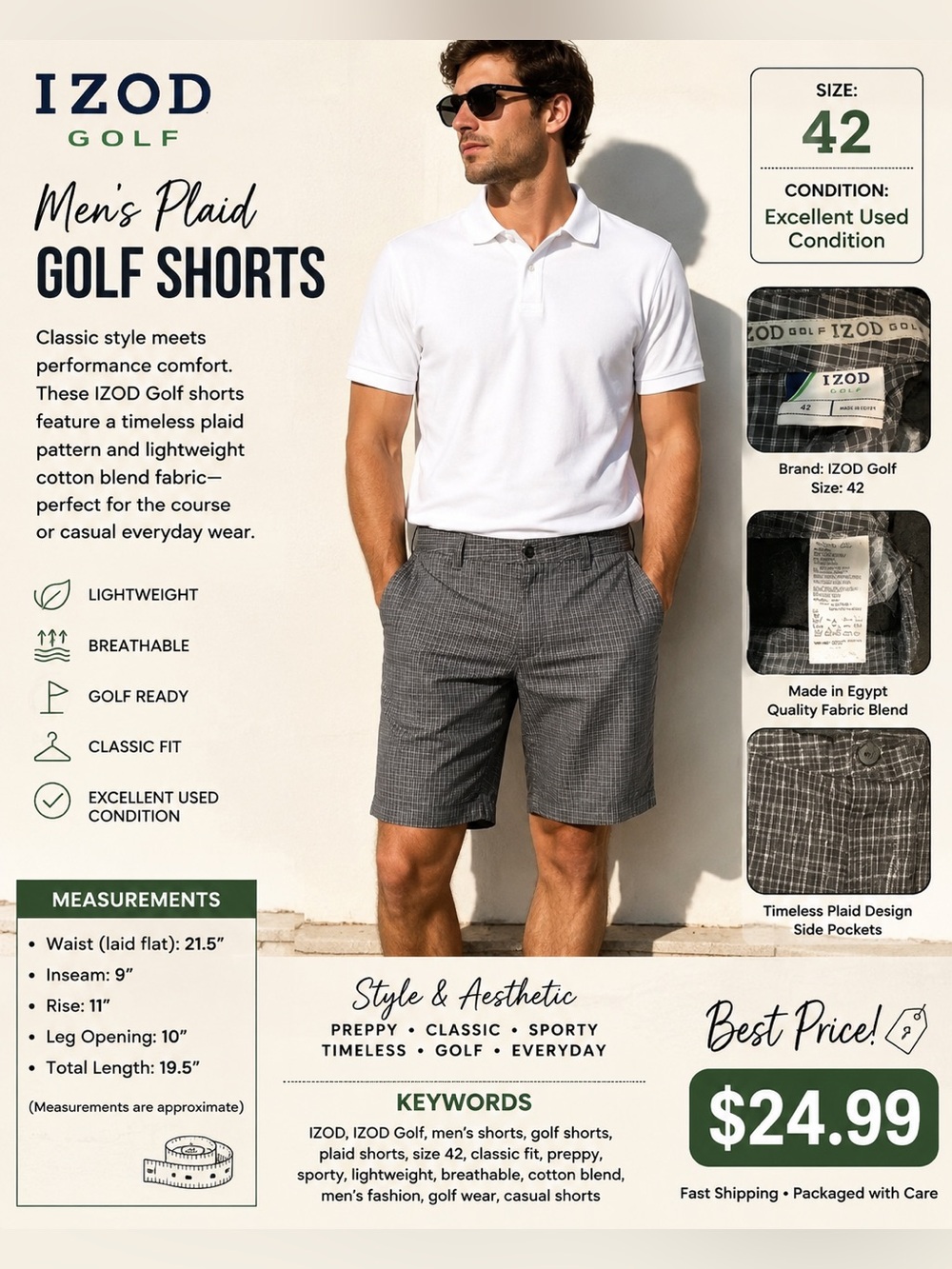 Izod Men’s Gray Plaid Flat Front Shorts